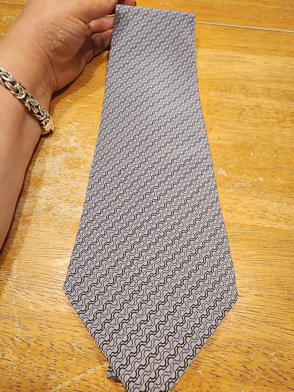 light blue and dark blue patterned Chanel Silk Necktie featuring the iconic CC